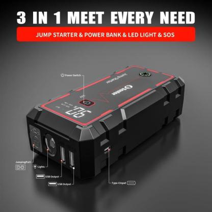 Arrancador de coche portátil 8000 mAh, booster de batería 12V con cables inteligentes, luz LED de emergencia y pantalla LCD. Ideal para autos, SUV y camionetas.