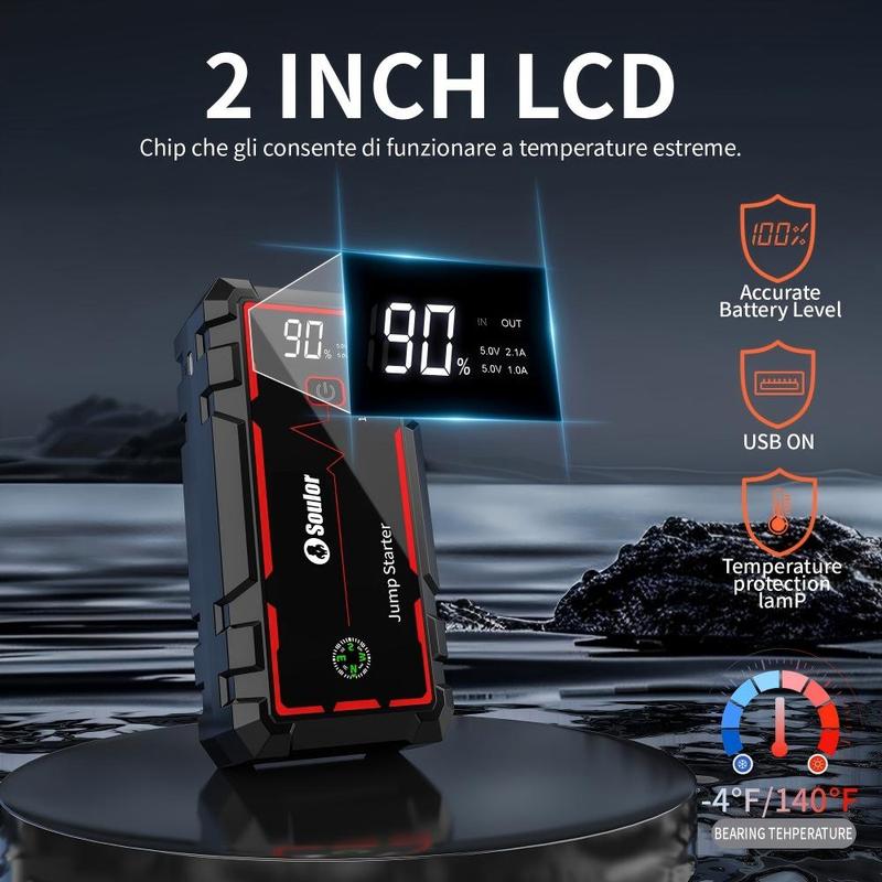 Arrancador de coche portátil 8000 mAh, booster de batería 12V con cables inteligentes, luz LED de emergencia y pantalla LCD. Ideal para autos, SUV y camionetas.