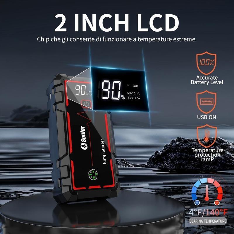 Arrancador de coche portátil 8000 mAh, booster de batería 12V con cables inteligentes, luz LED de emergencia y pantalla LCD. Ideal para autos, SUV y camionetas.