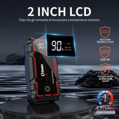 Arrancador de coche portátil 8000 mAh, booster de batería 12V con cables inteligentes, luz LED de emergencia y pantalla LCD. Ideal para autos, SUV y camionetas.