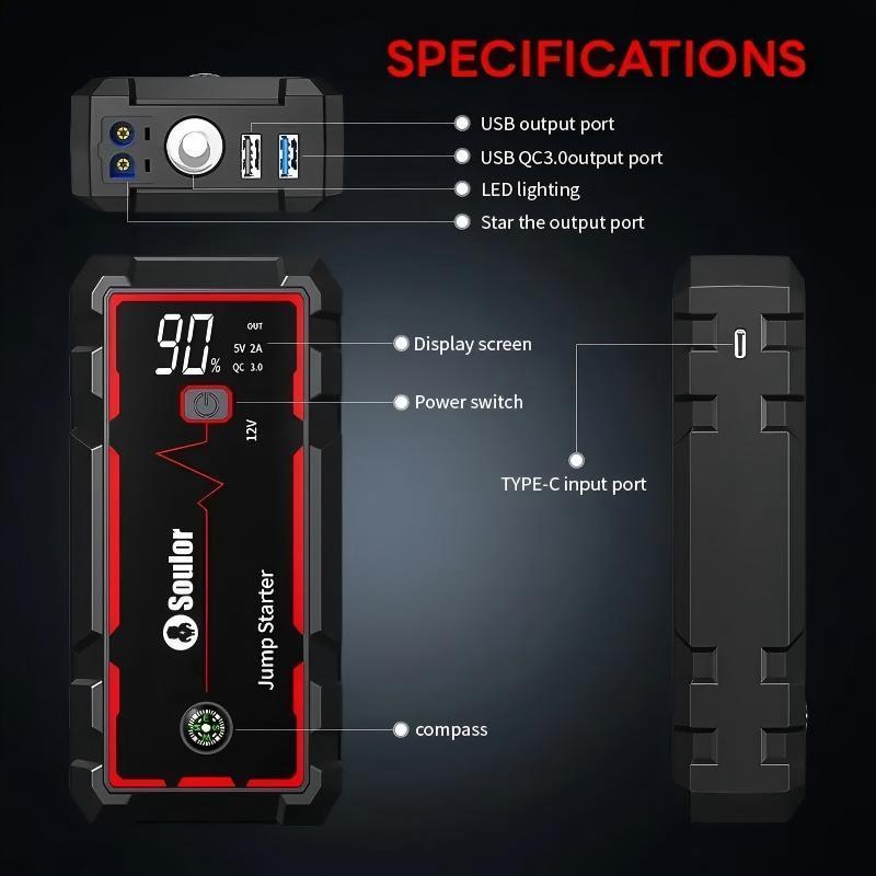 Arrancador de coche portátil 8000 mAh, booster de batería 12V con cables inteligentes, luz LED de emergencia y pantalla LCD. Ideal para autos, SUV y camionetas.