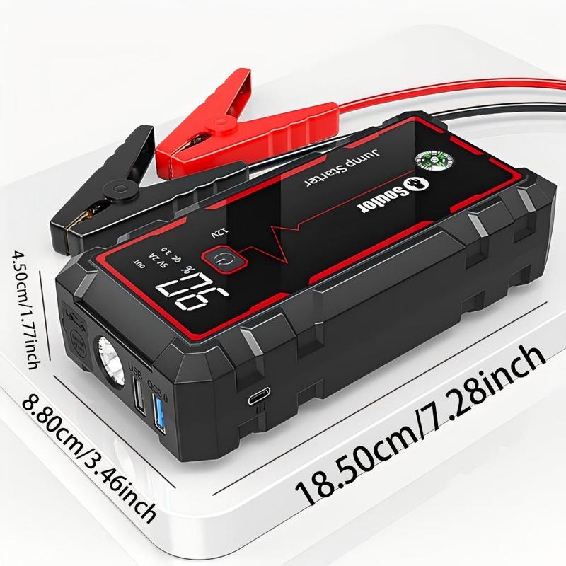 Arrancador de coche portátil 8000 mAh, booster de batería 12V con cables inteligentes, luz LED de emergencia y pantalla LCD. Ideal para autos, SUV y camionetas.