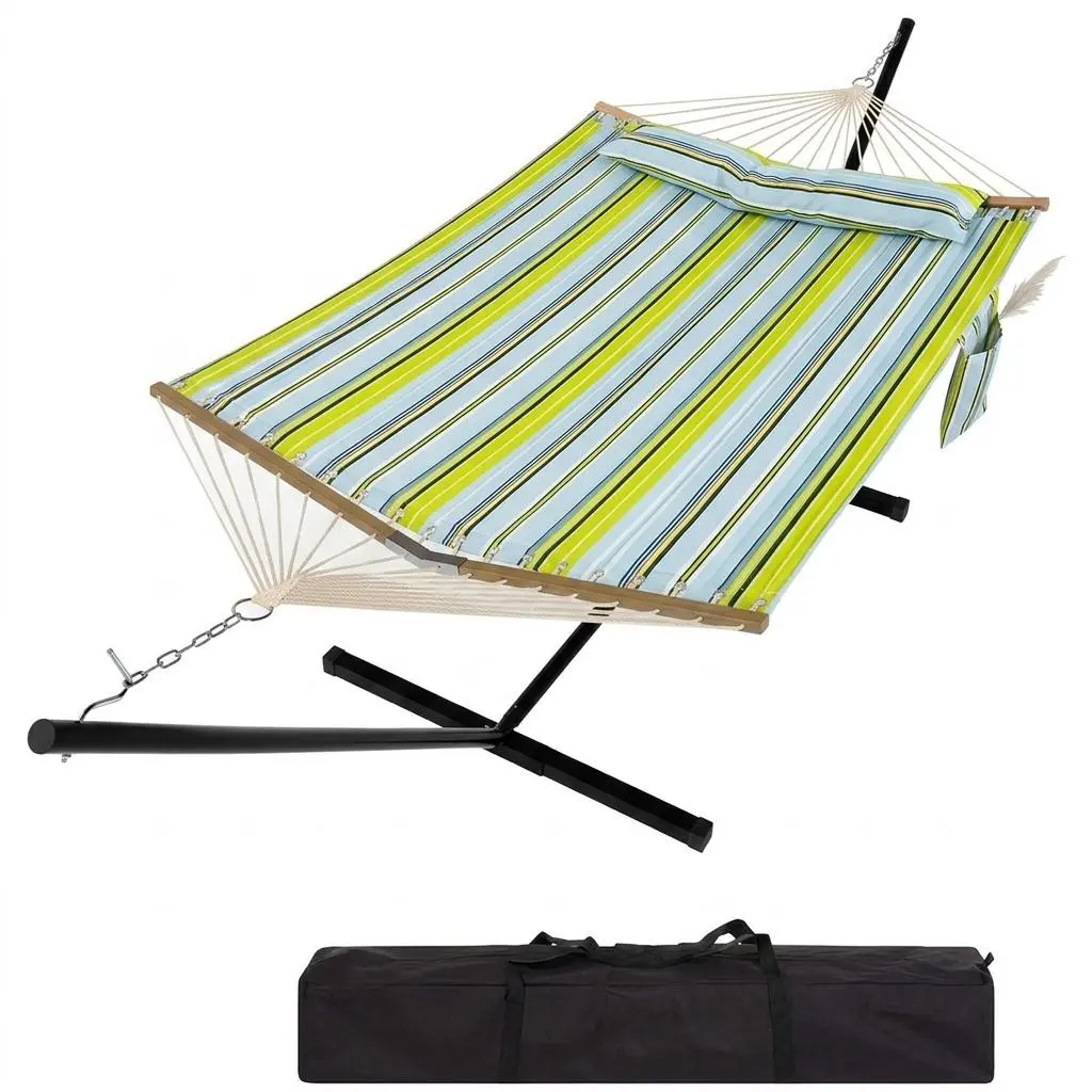 Hamaca doble portátil con soporte, estructura resistente, capacidad de hasta 215 kg, diseño fácil de transportar con cuerda de equilibrio. Ideal para patio, jardín, playa y uso exterior.
