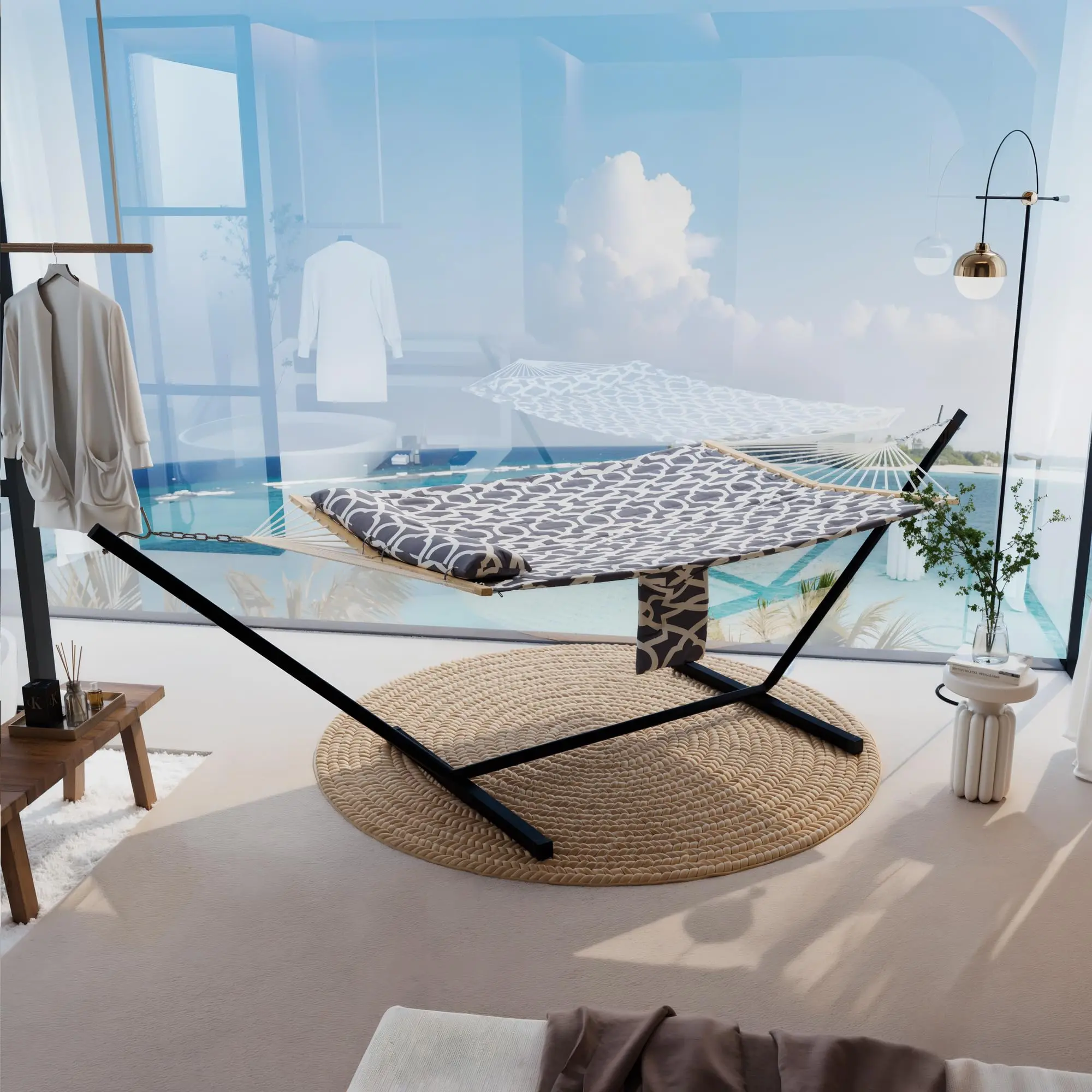Hamaca doble portátil con soporte, estructura resistente, capacidad de hasta 215 kg, diseño fácil de transportar con cuerda de equilibrio. Ideal para patio, jardín, playa y uso exterior.