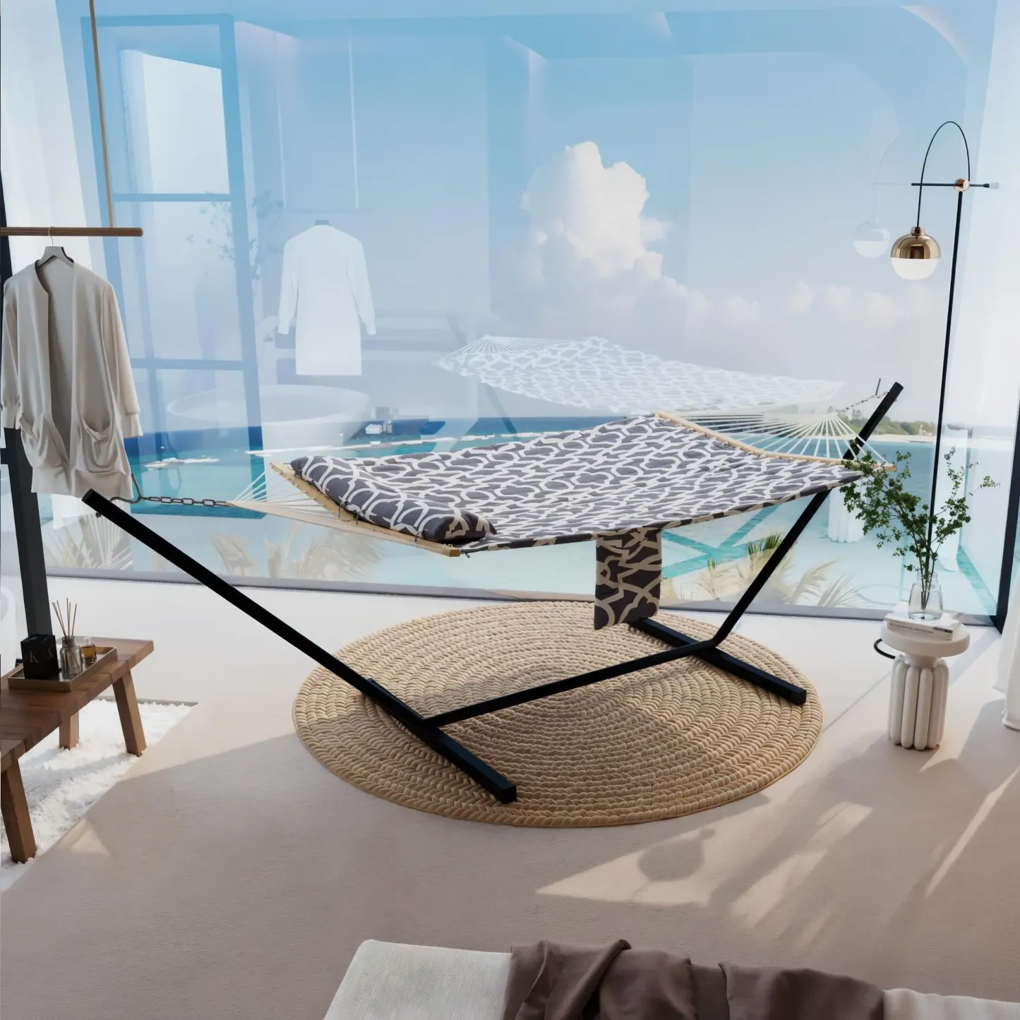 Hamaca doble portátil con soporte, estructura resistente, capacidad de hasta 215 kg, diseño fácil de transportar con cuerda de equilibrio. Ideal para patio, jardín, playa y uso exterior.