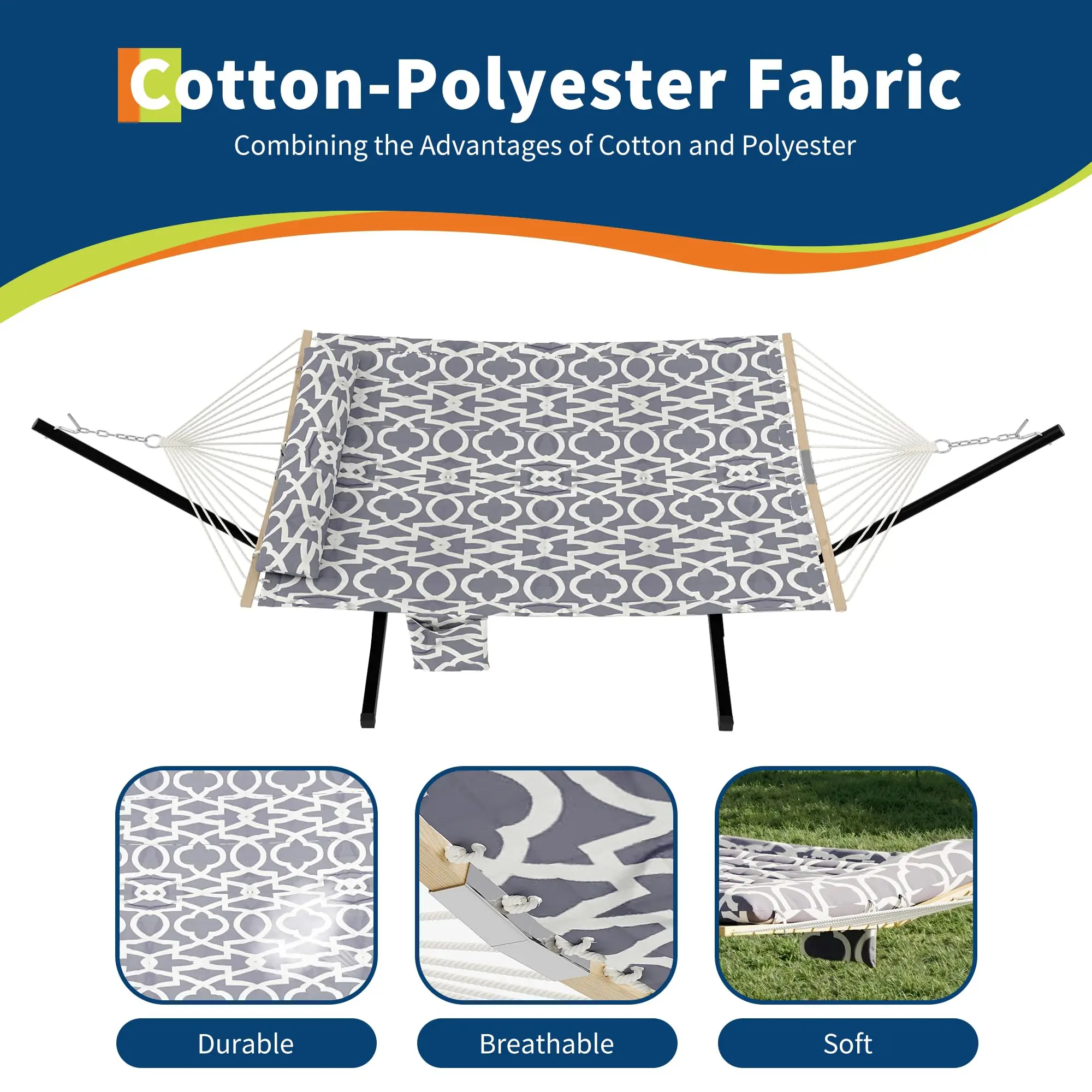Hamaca doble portátil con soporte, estructura resistente, capacidad de hasta 215 kg, diseño fácil de transportar con cuerda de equilibrio. Ideal para patio, jardín, playa y uso exterior.