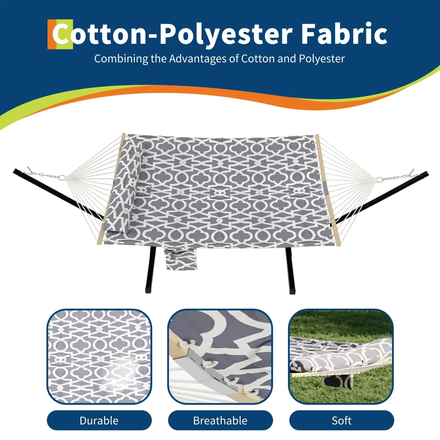 Hamaca doble portátil con soporte, estructura resistente, capacidad de hasta 215 kg, diseño fácil de transportar con cuerda de equilibrio. Ideal para patio, jardín, playa y uso exterior.
