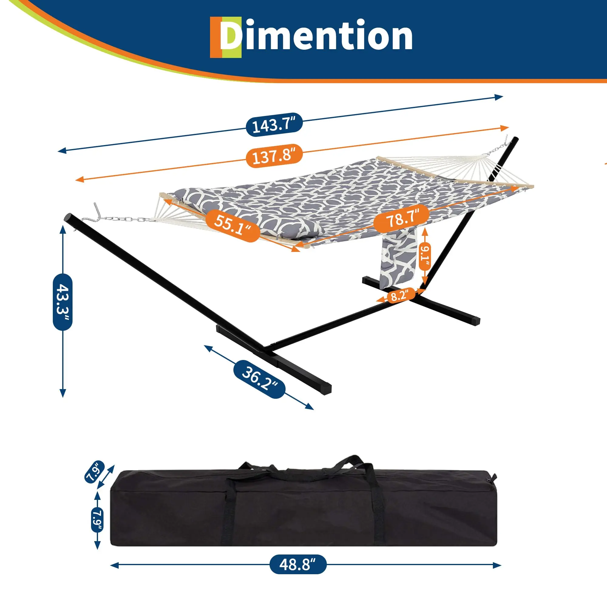 Hamaca doble portátil con soporte, estructura resistente, capacidad de hasta 215 kg, diseño fácil de transportar con cuerda de equilibrio. Ideal para patio, jardín, playa y uso exterior.
