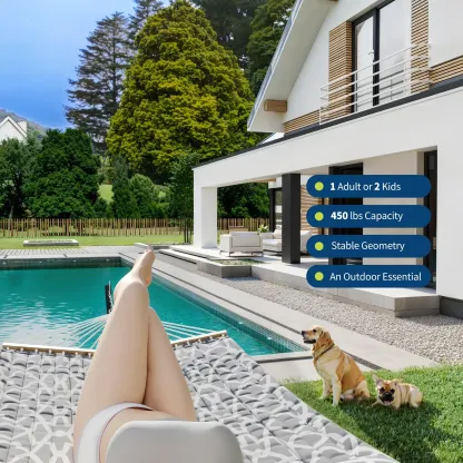Hamaca doble portátil con soporte, estructura resistente, capacidad de hasta 215 kg, diseño fácil de transportar con cuerda de equilibrio. Ideal para patio, jardín, playa y uso exterior.