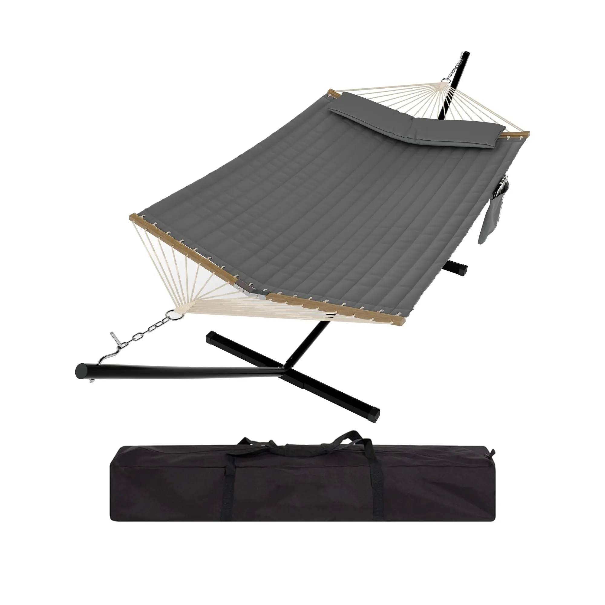 Hamaca doble portátil con soporte, estructura resistente, capacidad de hasta 215 kg, diseño fácil de transportar con cuerda de equilibrio. Ideal para patio, jardín, playa y uso exterior.