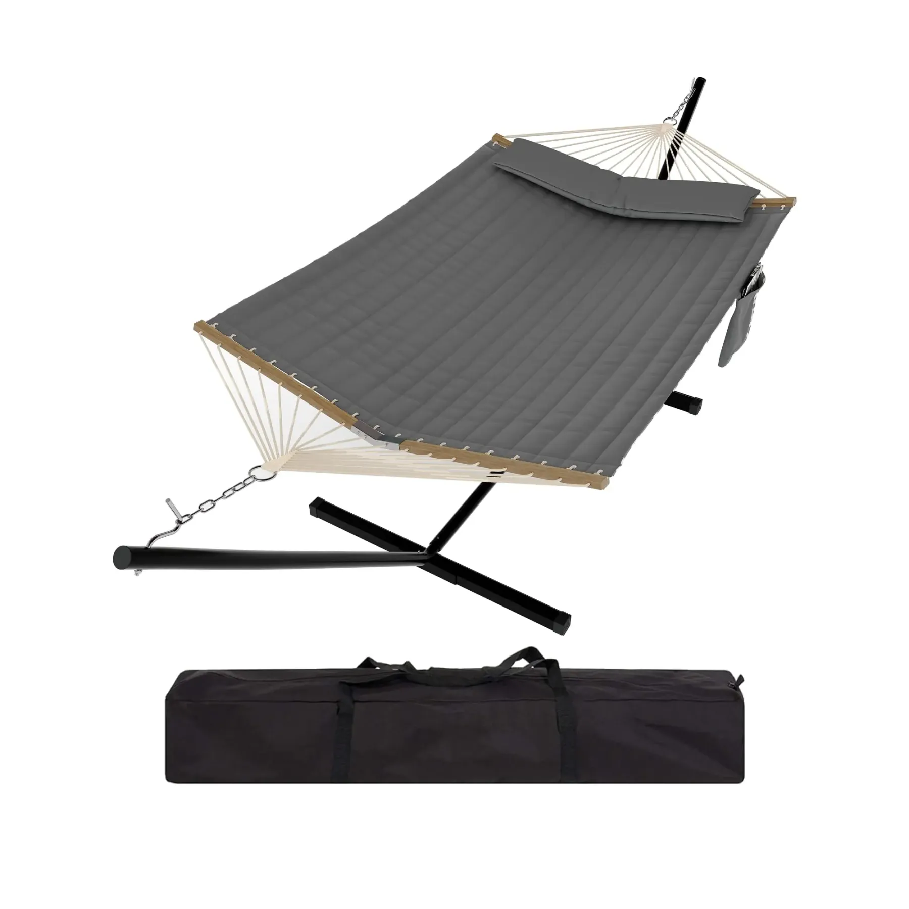 Hamaca doble portátil con soporte, estructura resistente, capacidad de hasta 215 kg, diseño fácil de transportar con cuerda de equilibrio. Ideal para patio, jardín, playa y uso exterior.