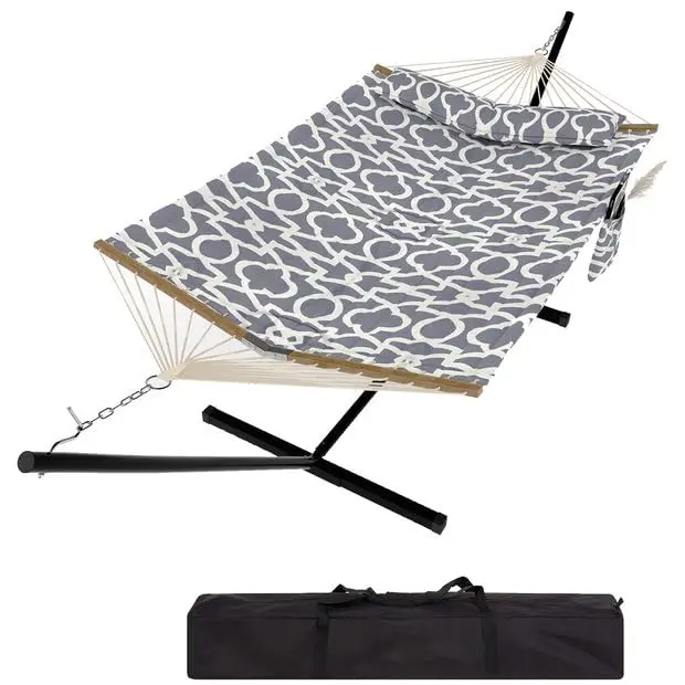Hamaca doble portátil con soporte, estructura resistente, capacidad de hasta 215 kg, diseño fácil de transportar con cuerda de equilibrio. Ideal para patio, jardín, playa y uso exterior.