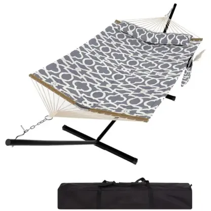 Hamaca doble portátil con soporte, estructura resistente, capacidad de hasta 215 kg, diseño fácil de transportar con cuerda de equilibrio. Ideal para patio, jardín, playa y uso exterior.