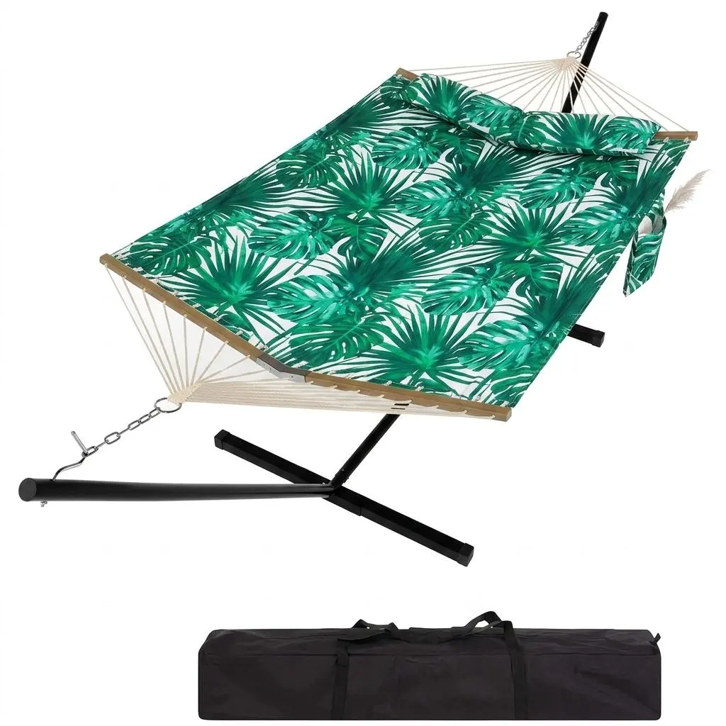 Hamaca doble portátil con soporte, estructura resistente, capacidad de hasta 215 kg, diseño fácil de transportar con cuerda de equilibrio. Ideal para patio, jardín, playa y uso exterior.