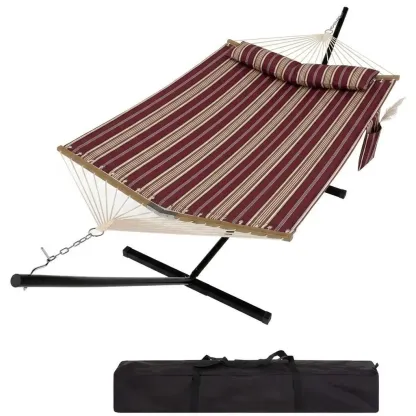 Hamaca doble portátil con soporte, estructura resistente, capacidad de hasta 215 kg, diseño fácil de transportar con cuerda de equilibrio. Ideal para patio, jardín, playa y uso exterior.