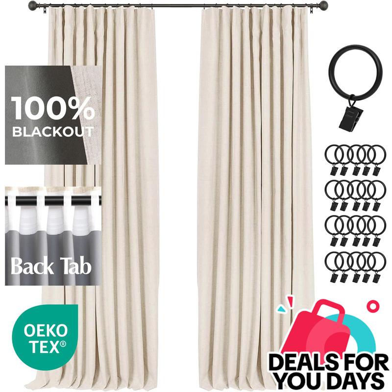 Juego de 2 cortinas blackout tipo lino, con aislamiento térmico, ideales para sala y recámara. Compatibles con barra o argollas con clip, bloquean la luz y brindan mayor privacidad.