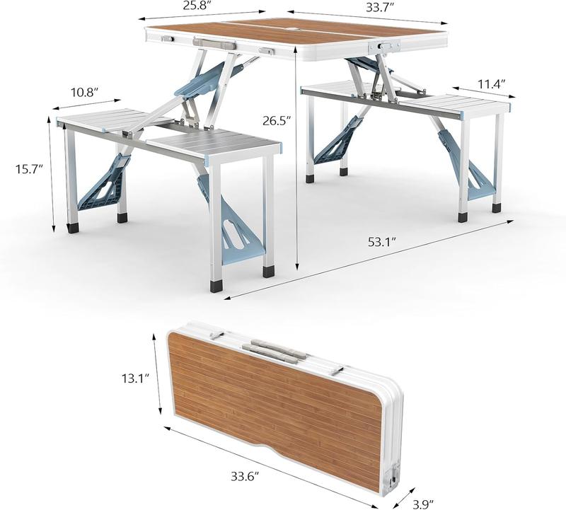 Mesa plegable de camping de 1.2 m con 4 asientos, estructura de aluminio resistente, soporta hasta 100 kg, diseño tipo maletín con orificio para sombrilla, ideal para picnic, BBQ, viajes, reuniones y RV.