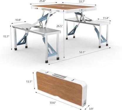Mesa plegable de camping de 1.2 m con 4 asientos, estructura de aluminio resistente, soporta hasta 100 kg, diseño tipo maletín con orificio para sombrilla, ideal para picnic, BBQ, viajes, reuniones y RV.