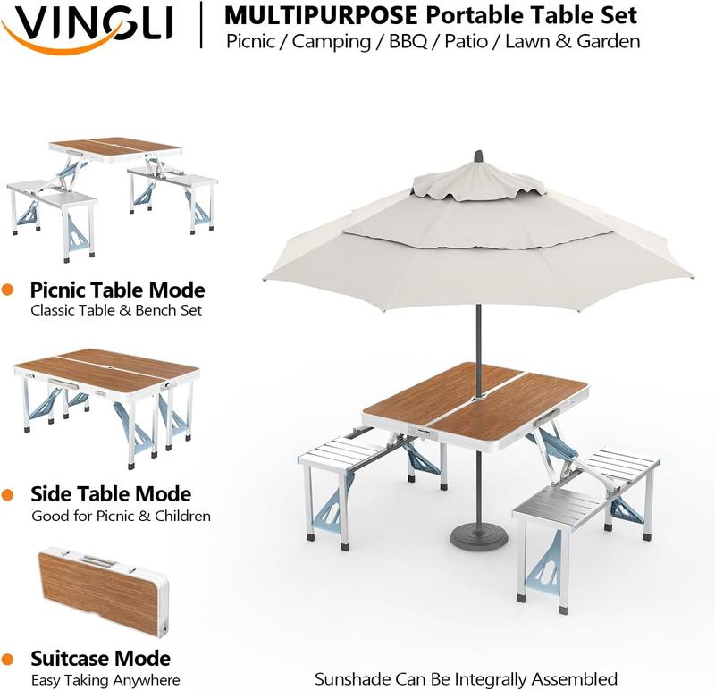 Mesa plegable de camping de 1.2 m con 4 asientos, estructura de aluminio resistente, soporta hasta 100 kg, diseño tipo maletín con orificio para sombrilla, ideal para picnic, BBQ, viajes, reuniones y RV.