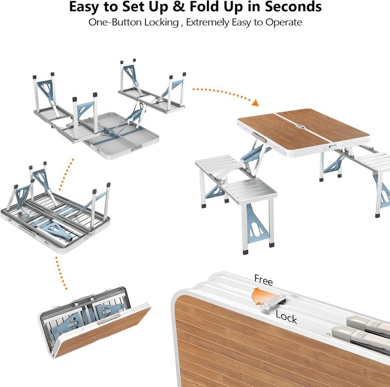 Mesa plegable de camping de 1.2 m con 4 asientos, estructura de aluminio resistente, soporta hasta 100 kg, diseño tipo maletín con orificio para sombrilla, ideal para picnic, BBQ, viajes, reuniones y RV.