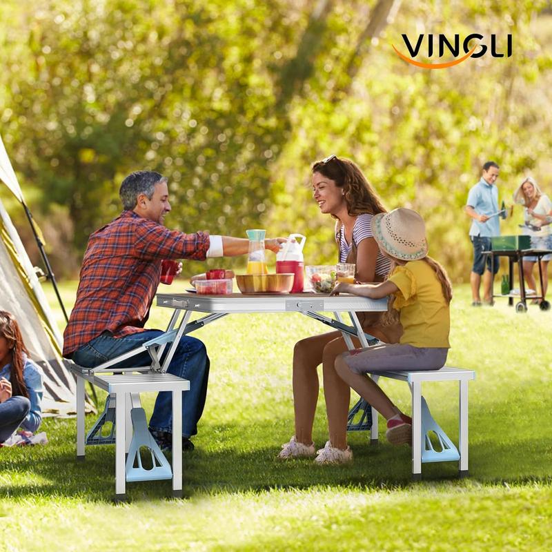 Mesa plegable de camping de 1.2 m con 4 asientos, estructura de aluminio resistente, soporta hasta 100 kg, diseño tipo maletín con orificio para sombrilla, ideal para picnic, BBQ, viajes, reuniones y RV.