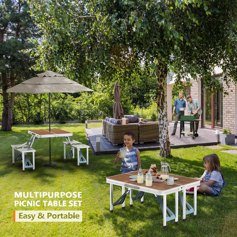 Mesa plegable de camping de 1.2 m con 4 asientos, estructura de aluminio resistente, soporta hasta 100 kg, diseño tipo maletín con orificio para sombrilla, ideal para picnic, BBQ, viajes, reuniones y RV.