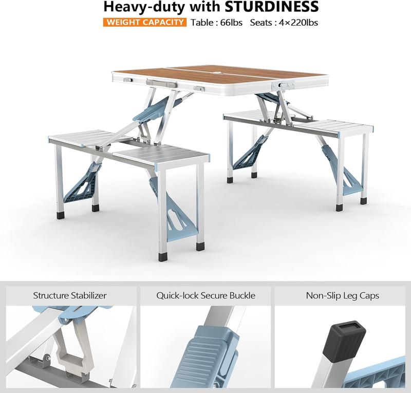 Mesa plegable de camping de 1.2 m con 4 asientos, estructura de aluminio resistente, soporta hasta 100 kg, diseño tipo maletín con orificio para sombrilla, ideal para picnic, BBQ, viajes, reuniones y RV.