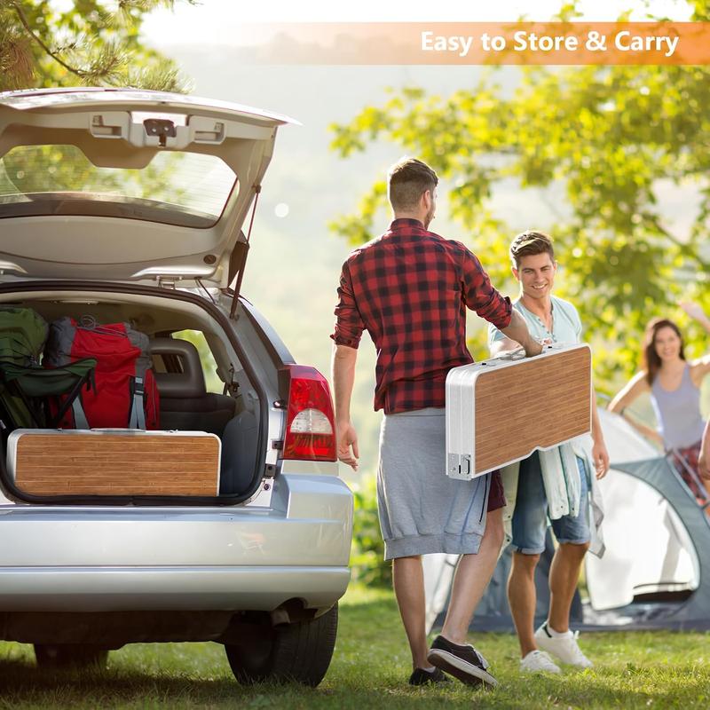 Mesa plegable de camping de 1.2 m con 4 asientos, estructura de aluminio resistente, soporta hasta 100 kg, diseño tipo maletín con orificio para sombrilla, ideal para picnic, BBQ, viajes, reuniones y RV.