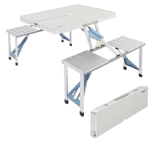 Mesa plegable de camping de 1.2 m con 4 asientos, estructura de aluminio resistente, soporta hasta 100 kg, diseño tipo maletín con orificio para sombrilla, ideal para picnic, BBQ, viajes, reuniones y RV.