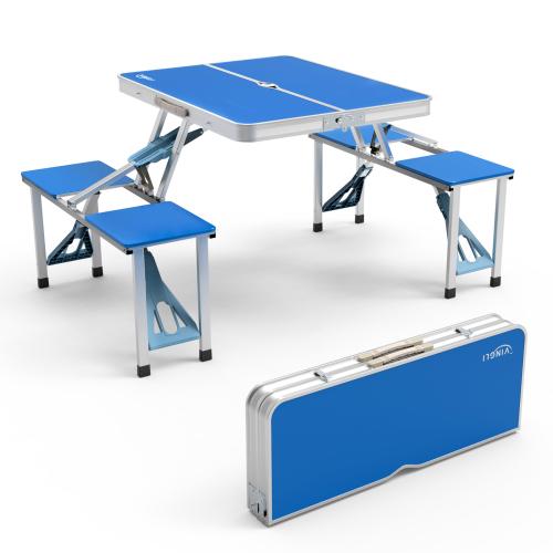 Mesa plegable de camping de 1.2 m con 4 asientos, estructura de aluminio resistente, soporta hasta 100 kg, diseño tipo maletín con orificio para sombrilla, ideal para picnic, BBQ, viajes, reuniones y RV.