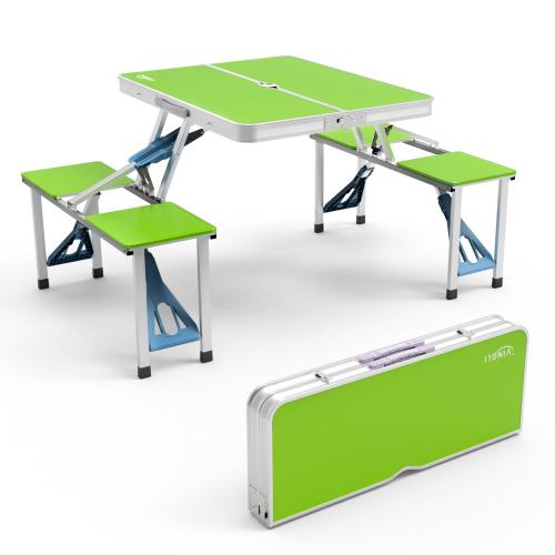 Mesa plegable de camping de 1.2 m con 4 asientos, estructura de aluminio resistente, soporta hasta 100 kg, diseño tipo maletín con orificio para sombrilla, ideal para picnic, BBQ, viajes, reuniones y RV.