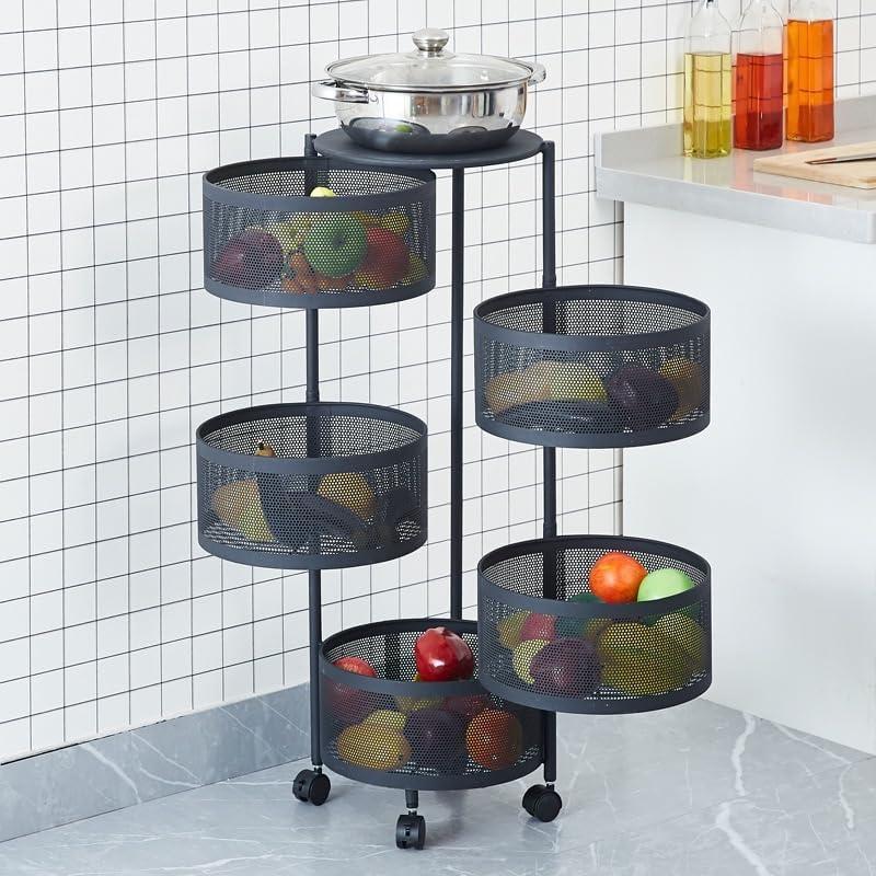 Estante Rotatorio Multicapa Circular, Organizador de Canasta de Vegetales de Piso, Estante Rotatorio Multicapa para Artículos Varios y Frutas, Estante de Almacenaje Práctico, Organizador Multifuncional, Rack de Canasta de Metal con Ruedas (Negro)