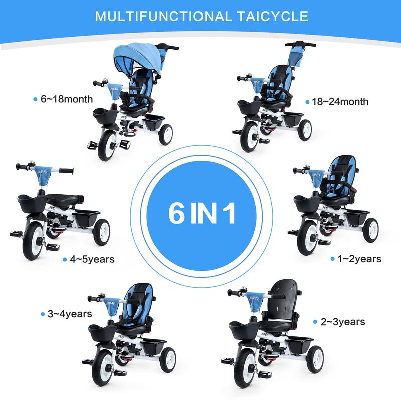 Triciclo 6 en 1 para Niños de 18 Meses a 5 Años, con Manija y Asiento Ajustables, Arnés, Toldo Desmontable y Estructura Metálica de 3 Ruedas