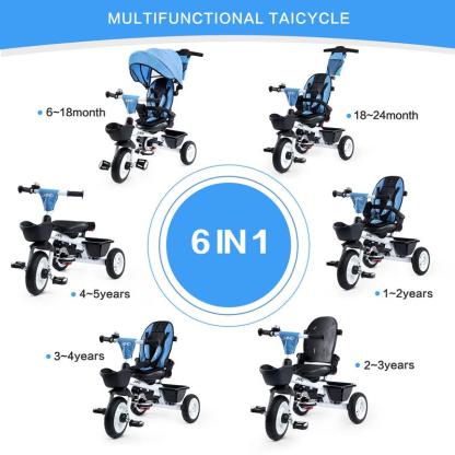 Triciclo 6 en 1 para Niños de 18 Meses a 5 Años, con Manija y Asiento Ajustables, Arnés, Toldo Desmontable y Estructura Metálica de 3 Ruedas