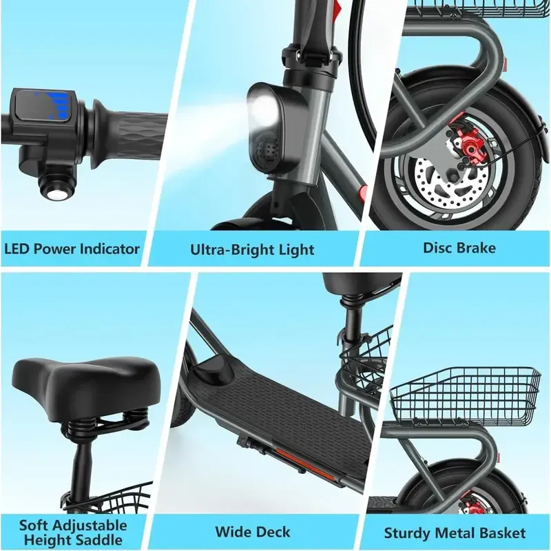 TST Scooter Eléctrico con Asiento, Scooter Eléctrico Plegable de Comunicación para Adultos de 300W, Neumático de 12" de Diámetro, hasta 16 Mph, con Cesta y Asiento Ajustable en Altura