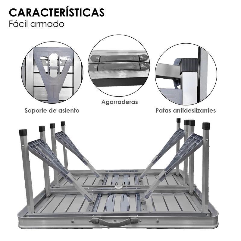 Mesa Plegable Portátil 4 Bancos Integrados Estilo Portafolio Para Camping, picnic o Jardín Estructura de aluminio reforzado y plástico resistente