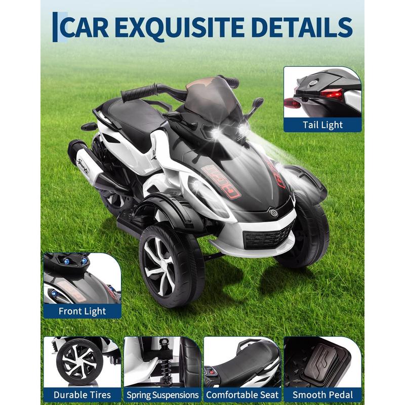 ATV Eléctrico Infantil 12V con Música y Luces, Cuatrimoto para Niños con 2 Motores, Diseño Estable de 3 Ruedas, Juguete Exterior para 3-6 Años