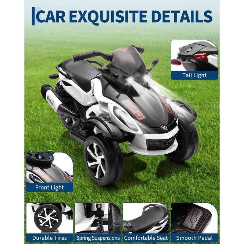 ATV Eléctrico Infantil 12V con Música y Luces, Cuatrimoto para Niños con 2 Motores, Diseño Estable de 3 Ruedas, Juguete Exterior para 3-6 Años