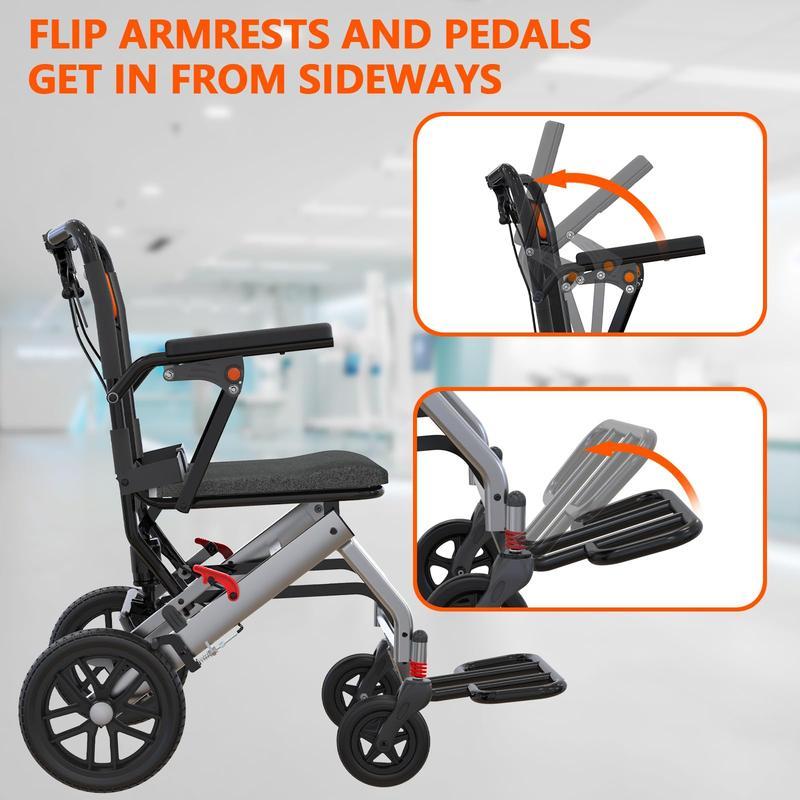 Lightweight Folding Wheelchair for Seniors with Aviation Aluminum Frame, Flip Armrests, Secure Brakes, Spacious Seating, Ideal for Safe Transfers Indoors and Outdoors in Gray Orange
