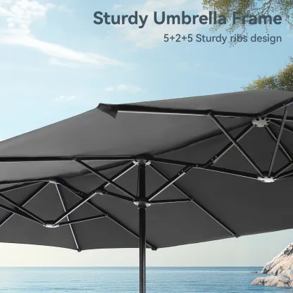 COSTWAY Sombrilla Solar para Patio de 15/13 pies con Base — Sombrilla Doble Extra Grande para Exteriores con 36 Luces LED y Manivela, Ideal para Jardín, Terraza, Piscina y Patio