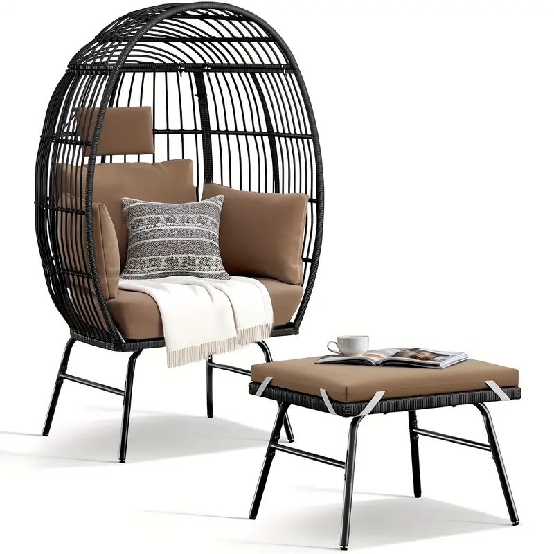 Silla Huevo para Exteriores Phabules con Otomana, Silla de Canasta de Mimbre para Patio con Soporte y Cojín Marrón Silla Capullo