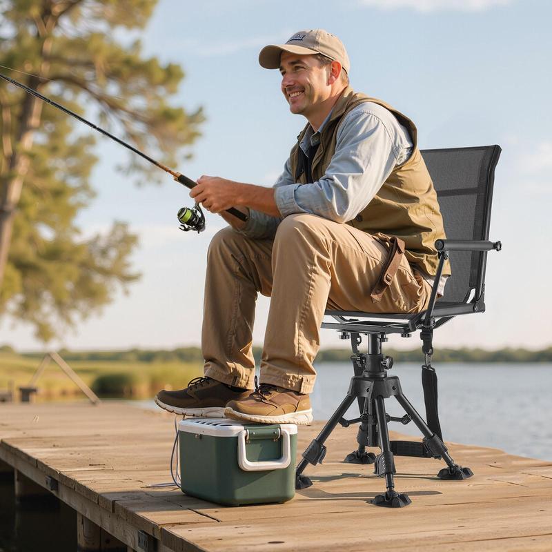 Silla de Caza Plegable 360° con Giro Silencioso, Estructura de Acero Resistente, Altura Ajustable, Capacidad 350 lb, Ligera y Portátil para Pesca, Camping y Exteriores