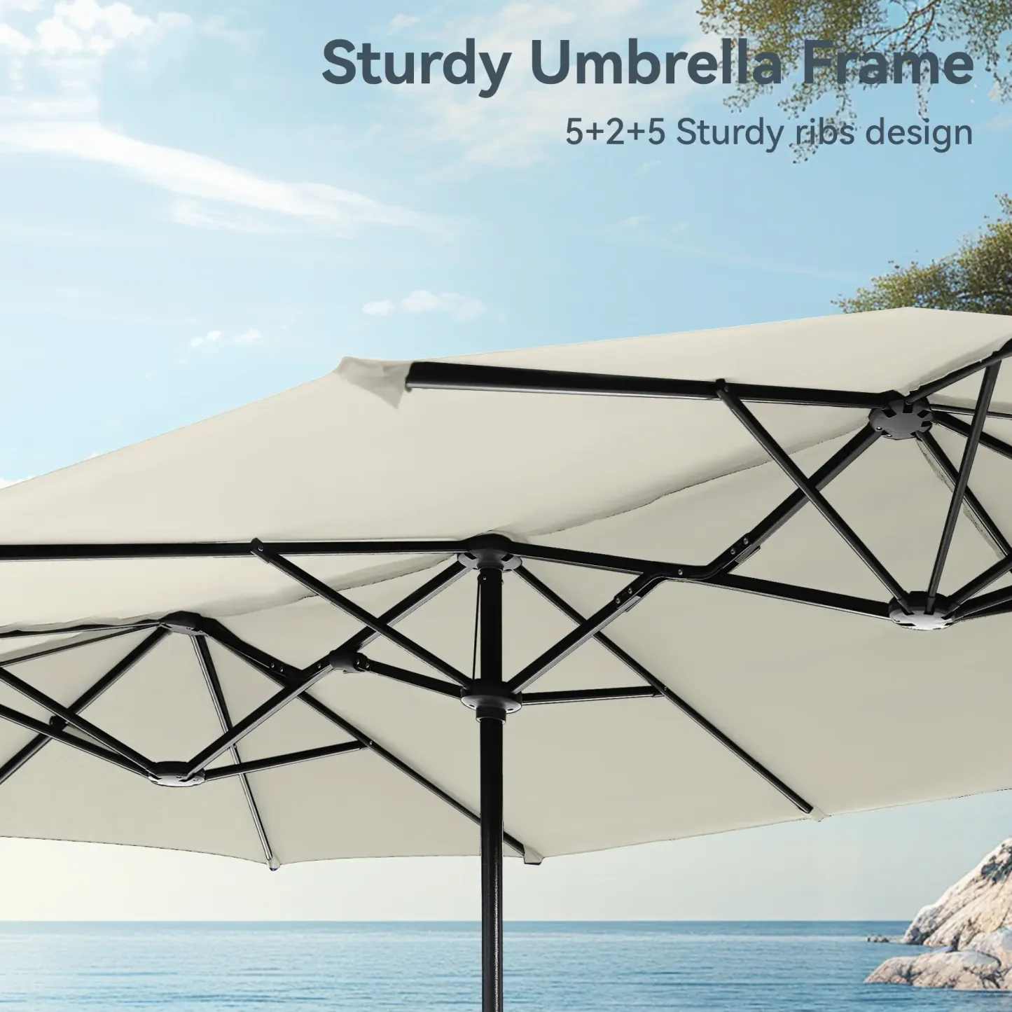 COSTWAY Sombrilla Solar para Patio de 15/13 pies con Base — Sombrilla Doble Extra Grande para Exteriores con 36 Luces LED y Manivela, Ideal para Jardín, Terraza, Piscina y Patio