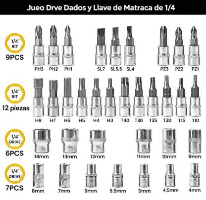 Juego de 46 Herramientas para Reparación Automotriz, Llaves de Vasos, Destornillador de Trinquete, Kit de Herramientas para Autos, Bicicletas, Hogar y Bricolaje con Caja Organizadora