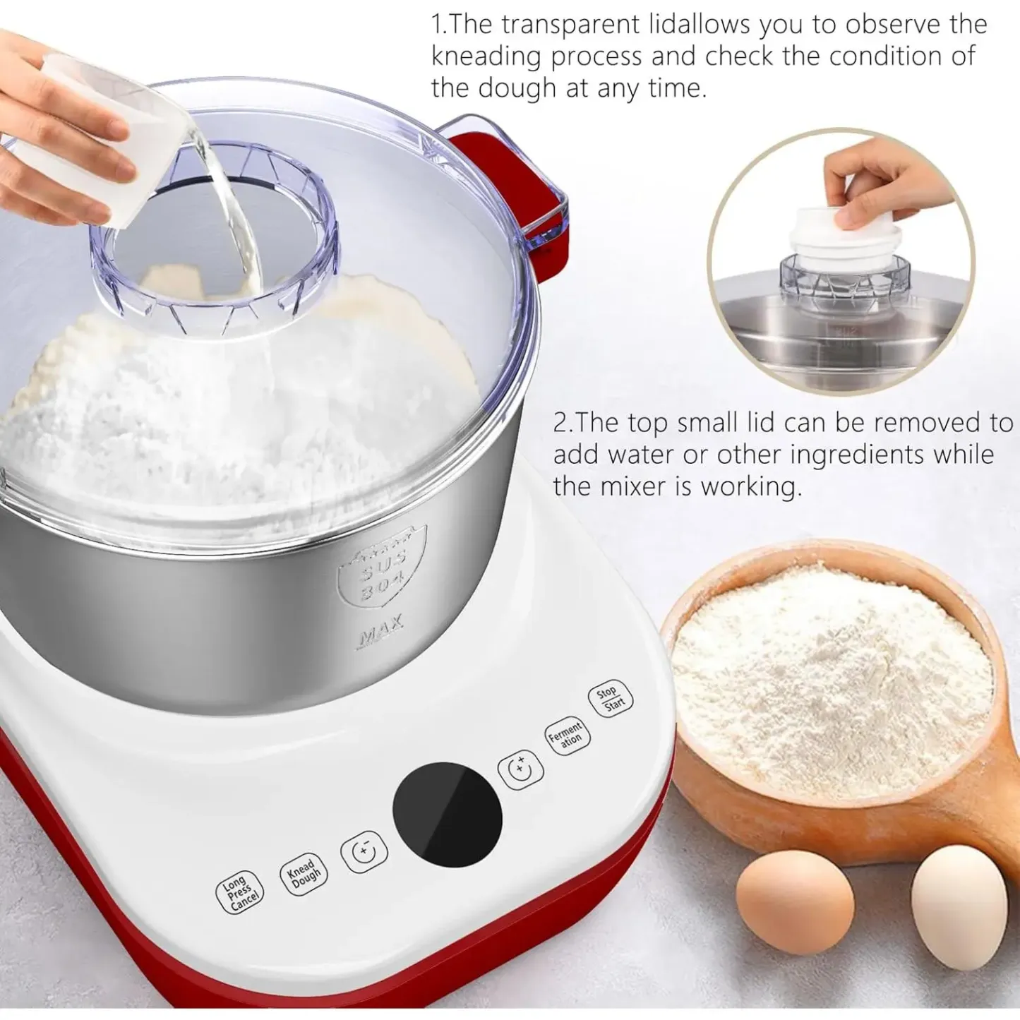 Mezcladora Eléctrica DoughChief de 7Qt con Función de Fermentación, Amasadora con Tazón de Acero Inoxidable 304, Control por Microcomputadora, Panel Táctil Frontal, Fácil de Limpiar, Ideal para Pan y Pizza.
