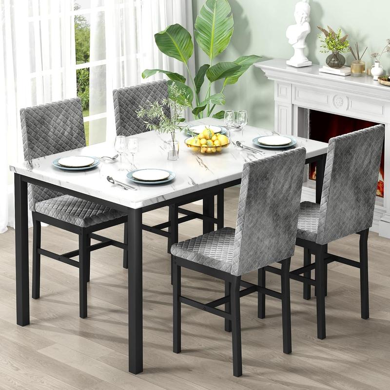 Juego de comedor para 4 personas, mesa con acabado tipo mármol de 120 × 70 cm, incluye 4 sillas modernas tapizadas en terciopelo con diseño ergonómico, ideal para comedor y cocina.