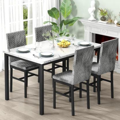 Juego de comedor para 4 personas, mesa con acabado tipo mármol de 120 × 70 cm, incluye 4 sillas modernas tapizadas en terciopelo con diseño ergonómico, ideal para comedor y cocina.