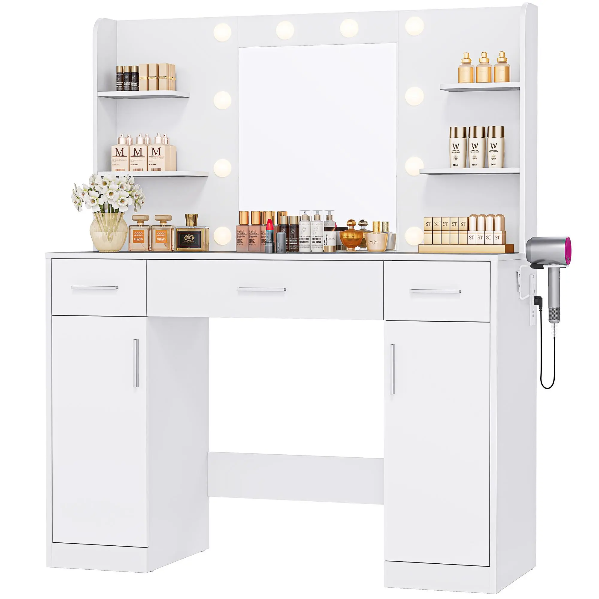 Tocador Blanco con Espejo Iluminado y Enchufe – Tocador de Maquillaje con 3 Cajones y Soporte para Dormitorio de Niñas