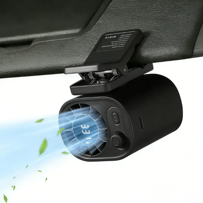 Ventilador para auto con clip, sin función de enfriamiento, pantalla LED, rotación 360°, 100 velocidades ajustables, recargable por USB con batería de 1800mAh, ajuste continuo de velocidad, botón de carga, portátil USB.