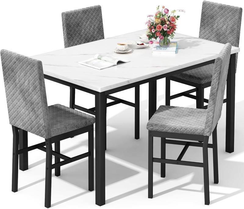 Juego de comedor para 4 personas, mesa con acabado tipo mármol de 120 × 70 cm, incluye 4 sillas modernas tapizadas en terciopelo con diseño ergonómico, ideal para comedor y cocina.